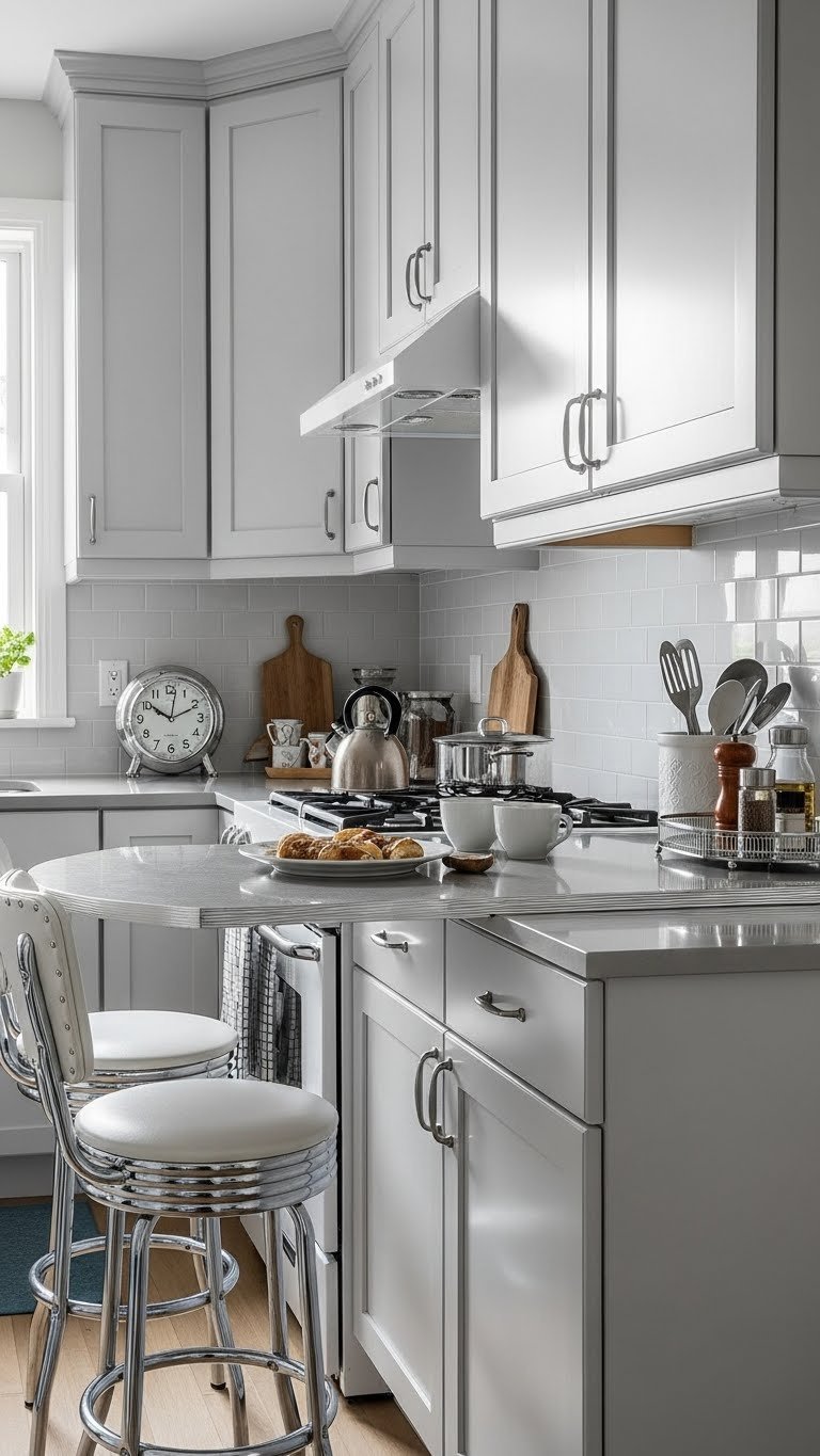 Compact retro kitchen with abundant chrome accents, glossy Formica countertops, and reflective surfaces