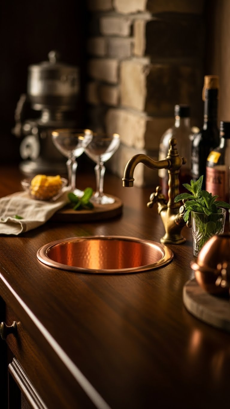 Compact round copper prep bar sink with antique brass faucet and vintage cocktail glasses on dark wooden counter