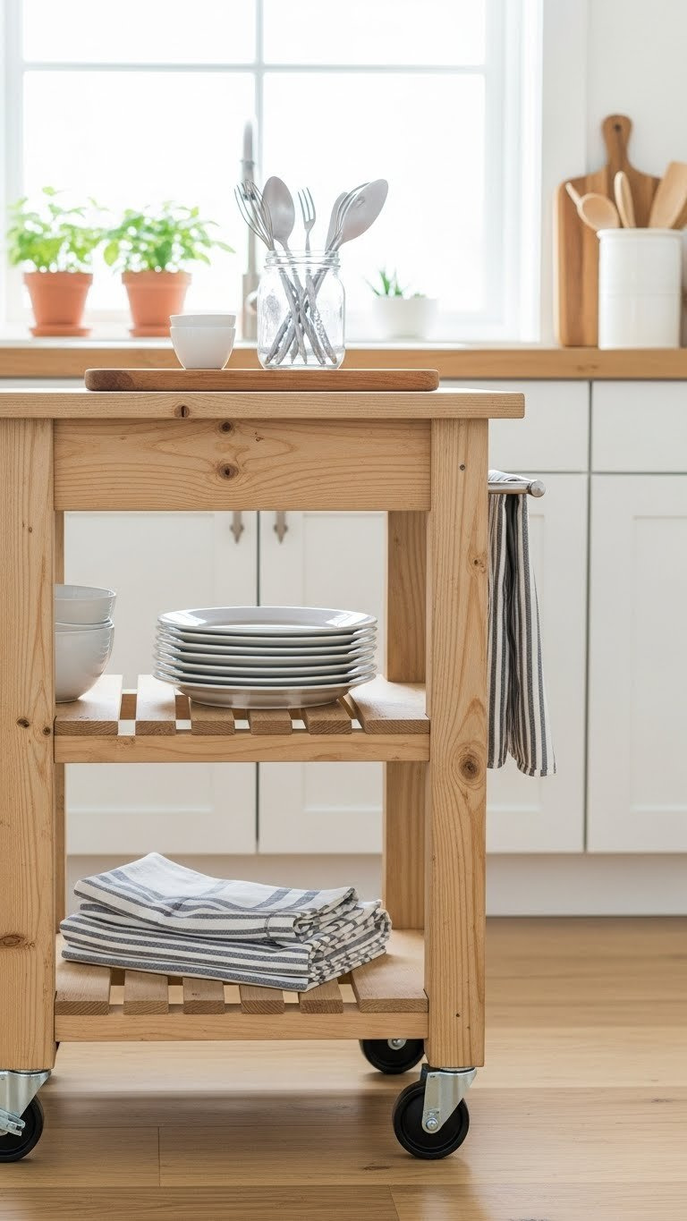 Compact rustic kitchen island on wheels with lockable casters, vintage glass utensil jar, and cutting board on light wooden floor in small kitchen setting.
