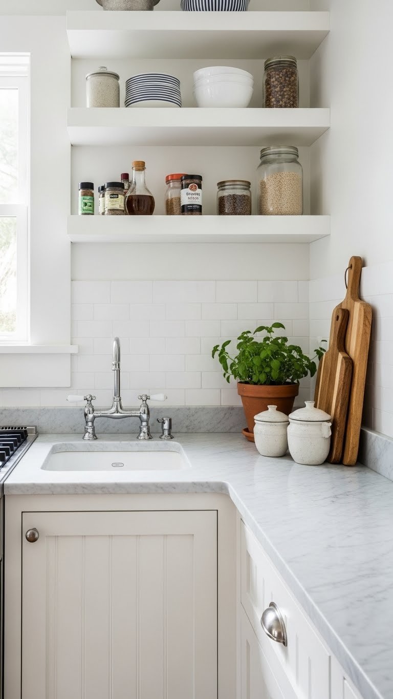 Compact rustic kitchen with light marble countertops, vertically paneled cabinets, and space-saving storage solutions