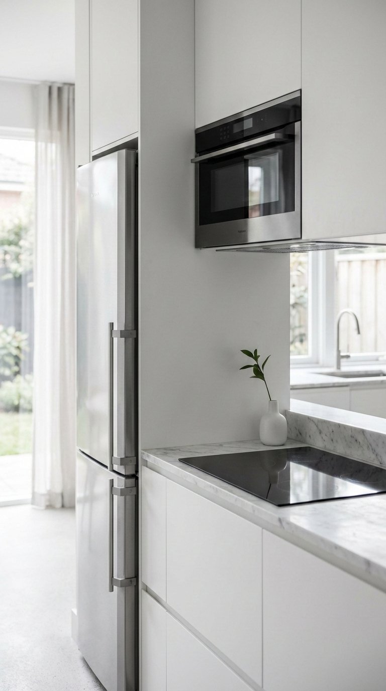 Compact small kitchen with integrated narrow refrigerator, combination microwave-oven unit, and induction cooktop on marble countertop in minimalist white design.