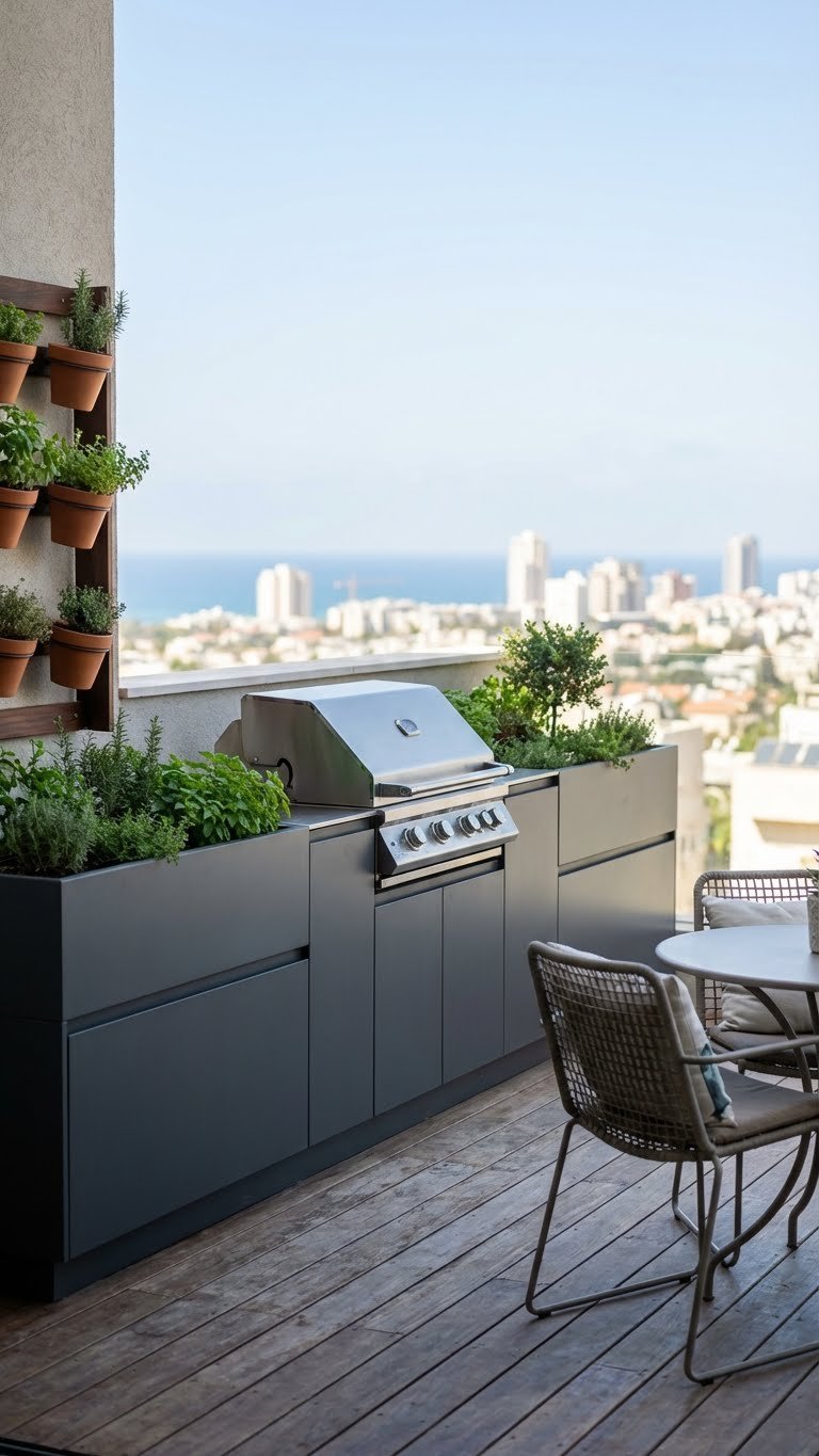 Outdoor Kitchen Villa Design Ideas For Luxury Entertaining 13 Compact smart outdoor kitchen on upper terrace with minimalist cabinets, electric grill, and panoramic city view.