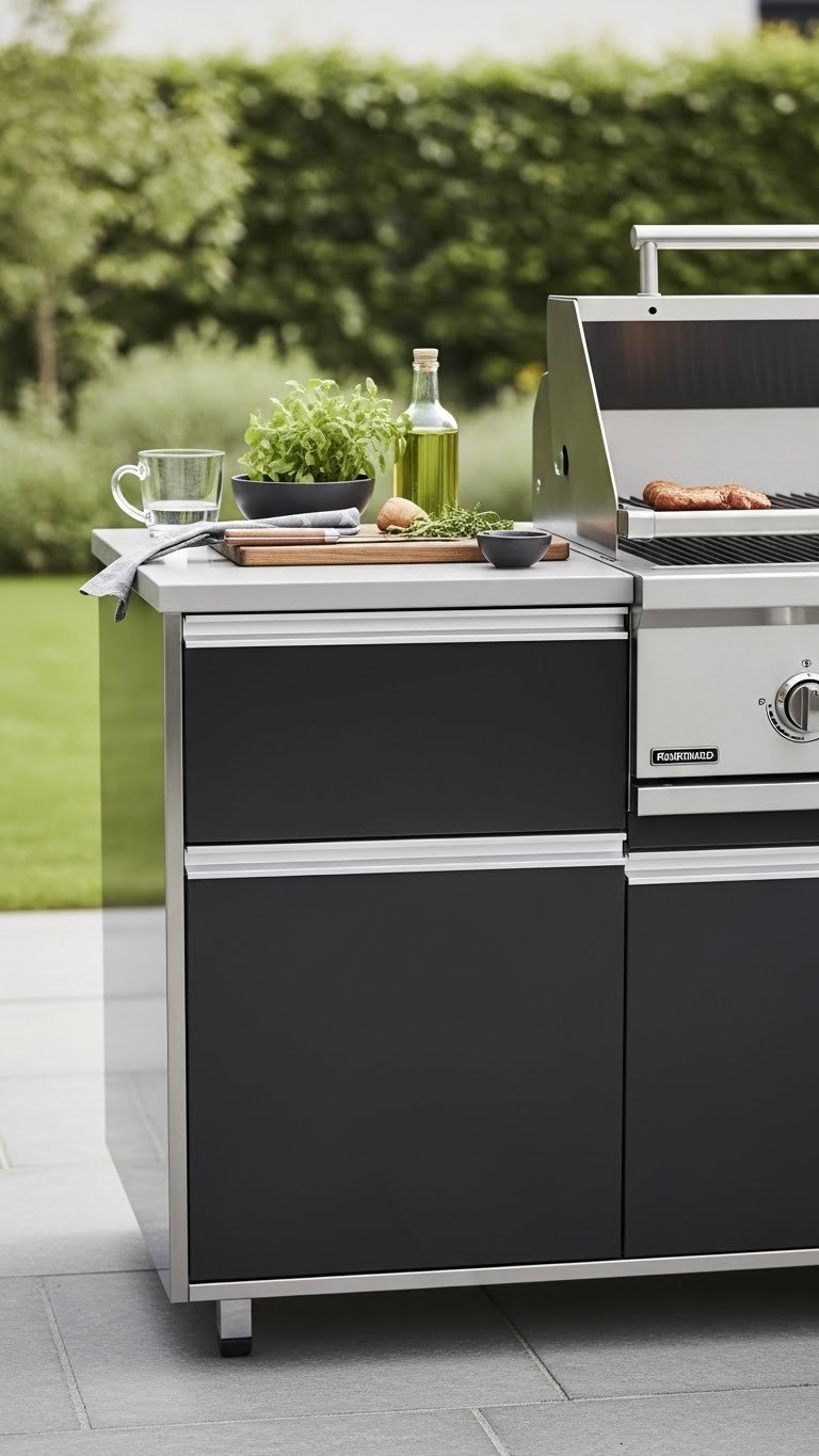 Compact stainless steel grill station with integrated prep counter on neutral stone patio against blurred garden backdrop