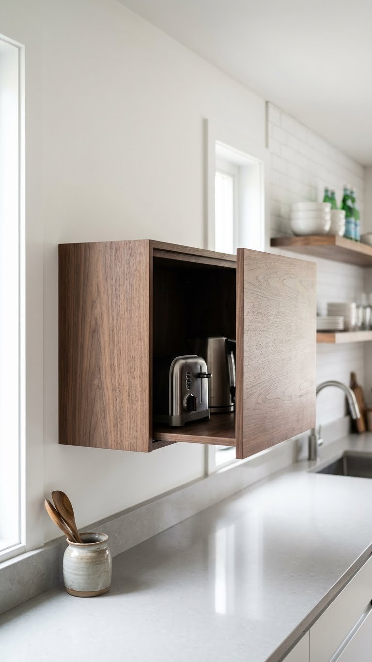11 Essential Appliance Garage Pantry Ideas To Declutter 17 Compact, stylish kitchen: wall-mounted appliance garage pantry unit, door ajar, reveals toaster and electric kettle.