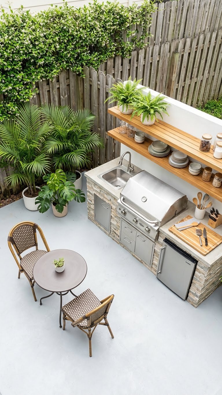 Outdoor Kitchen Tropical Design Ideas For A Resort Style Backyard 13 Compact tropical outdoor kitchen on small patio with all-in-one BBQ island, floating teak shelves, and efficient layout