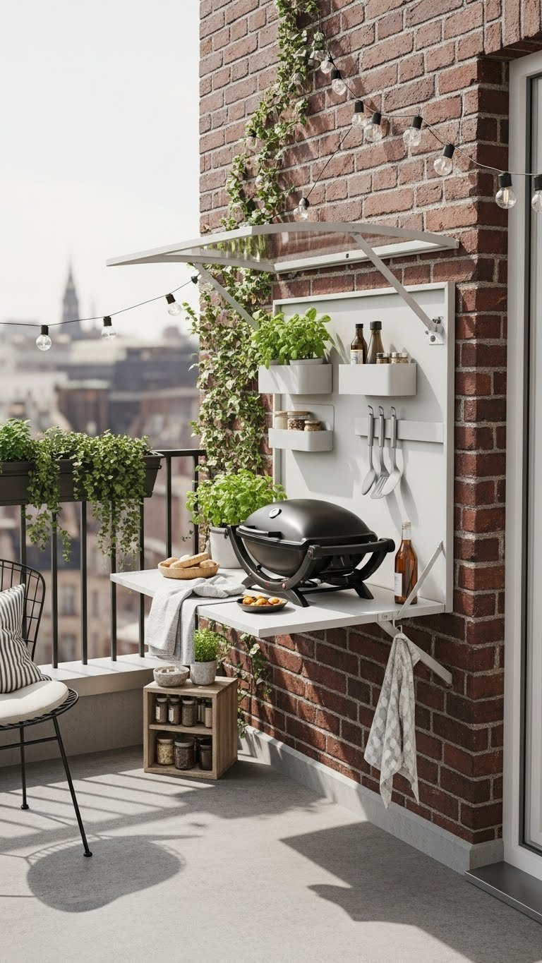 Compact urban outdoor kitchen with fold-down counter and electric grill on small balcony with polycarbonate canopy