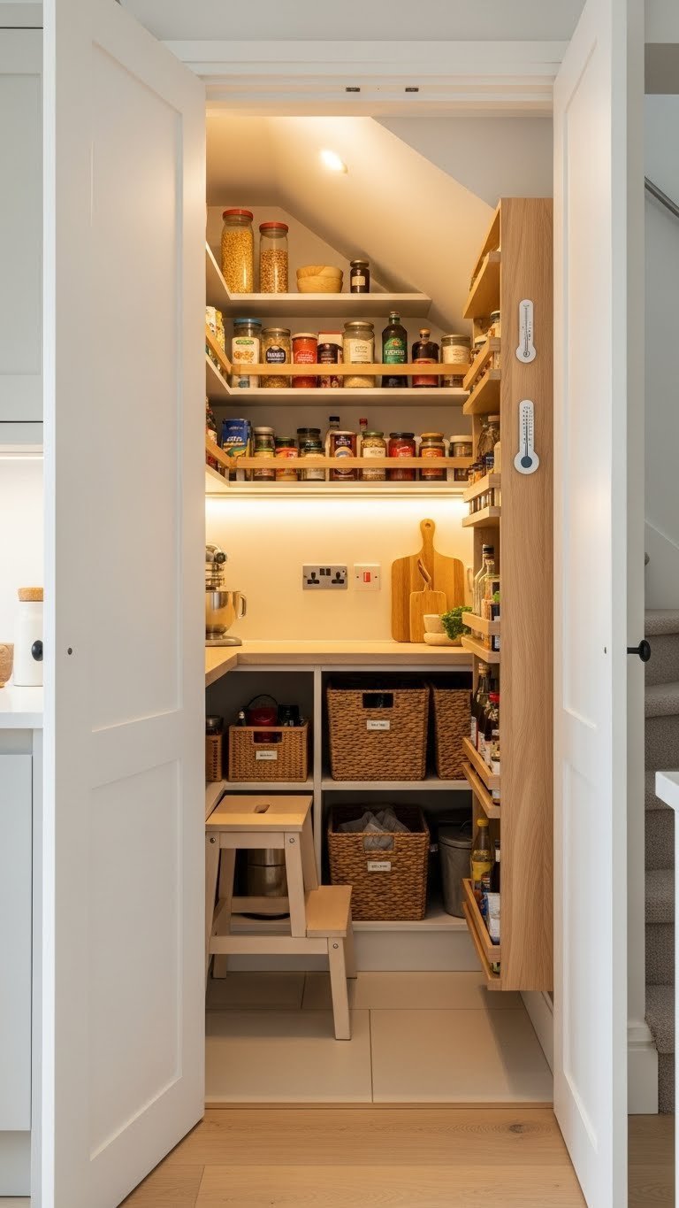 Brilliant Kitchen Pantry Ideas Under Stairs: 11 Space Solutions 5 Compact walk-in pantry nook under a staircase featuring smart tiered shelving with colorful food items and warm LED lighting.