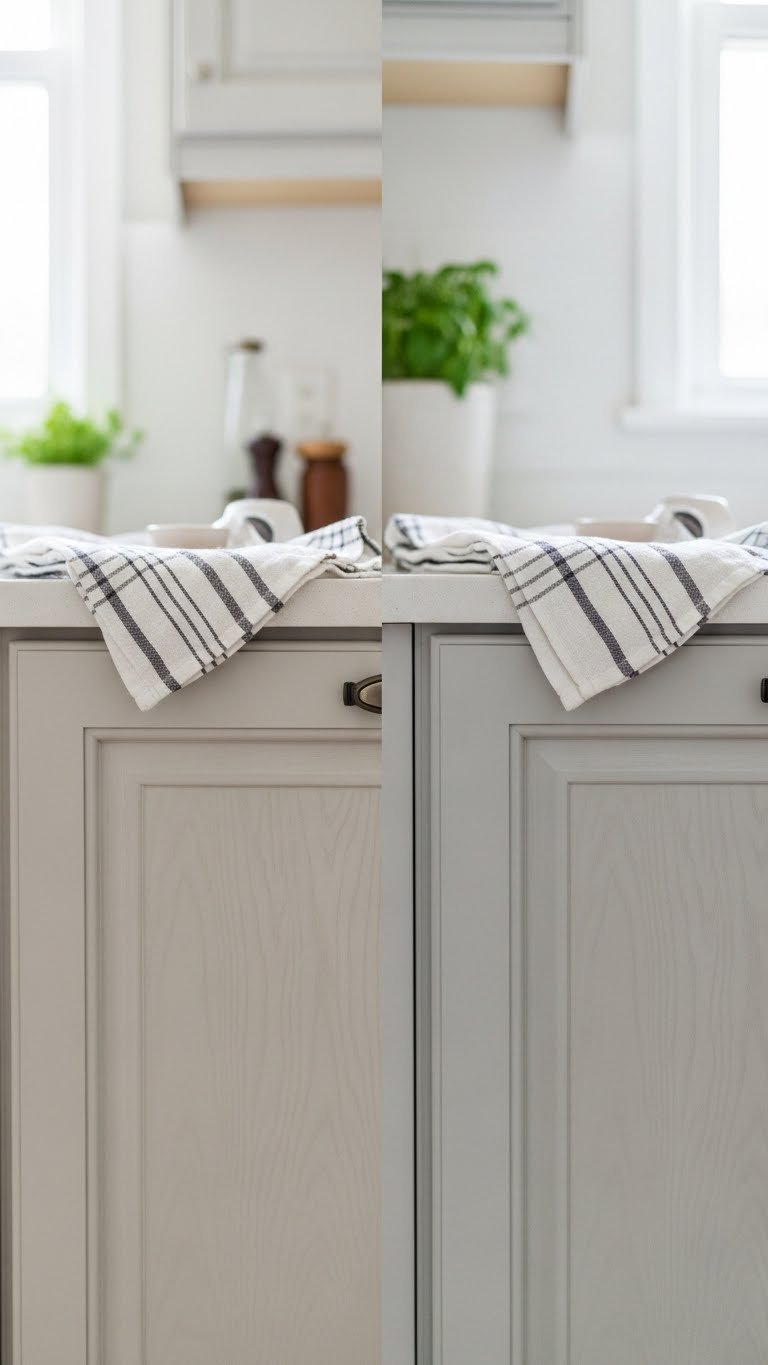 Comparison view of oak cabinet transitioning from honey-toned to soft grey or white painted finish