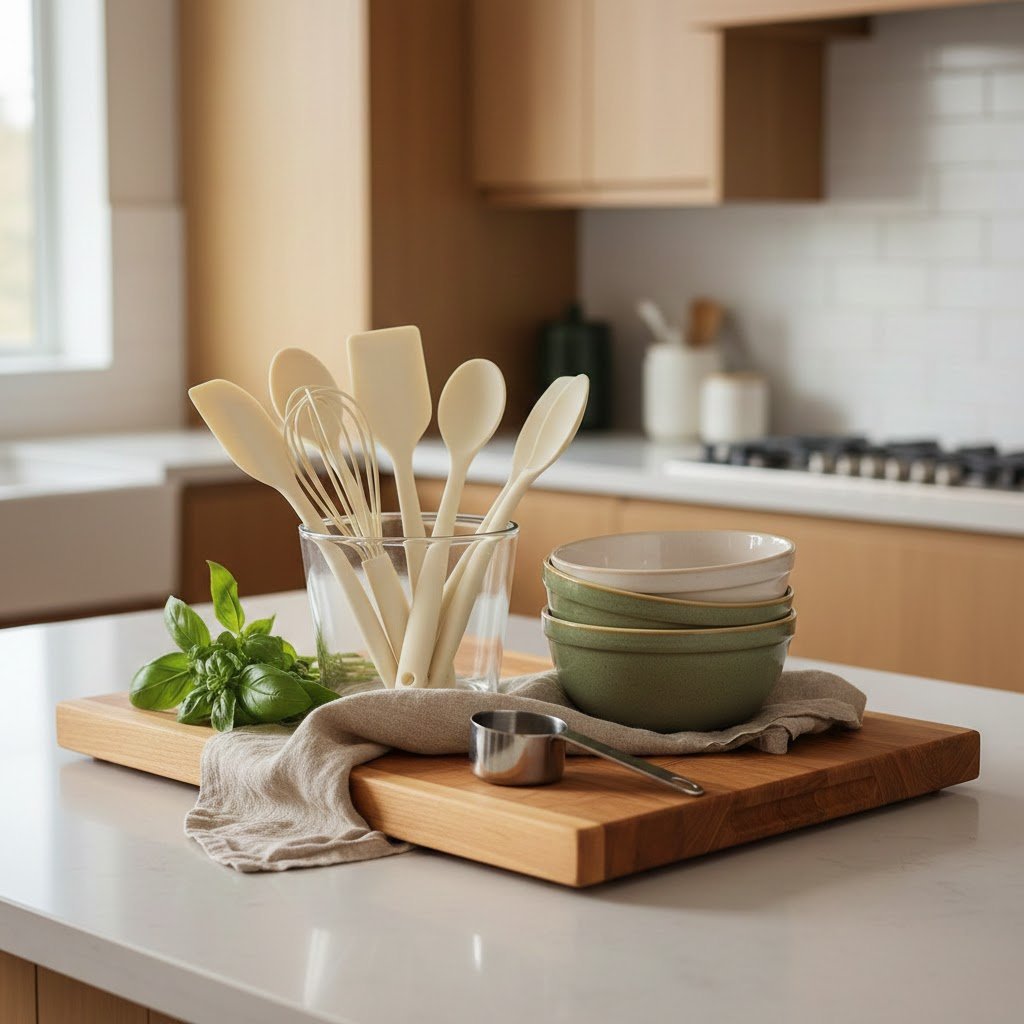 Complete kitchen starter kit featuring silicone utensils, cutting board, and mixing bowls on light countertop