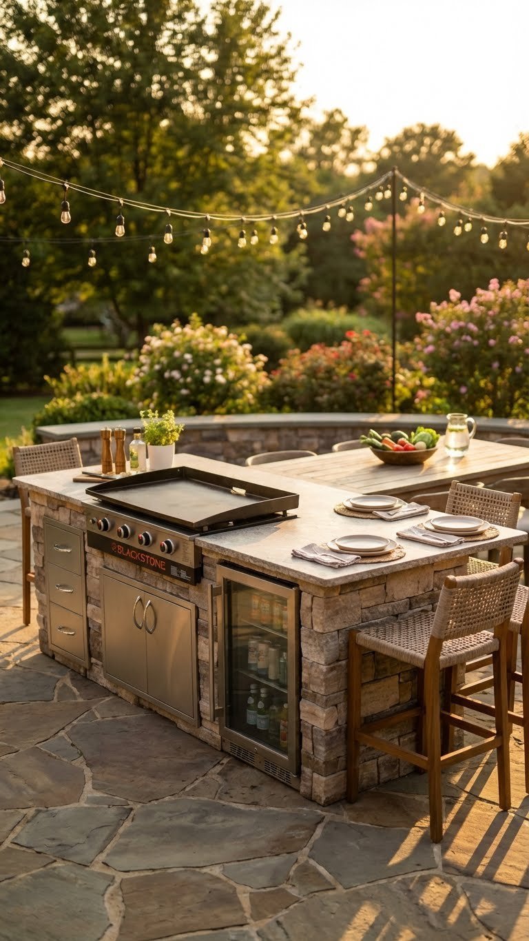 Outdoor Kitchen With Blackstone Griddle Complete Build Guide 17 Completed outdoor kitchen with Blackstone griddle at sunset ready for entertaining on stone patio