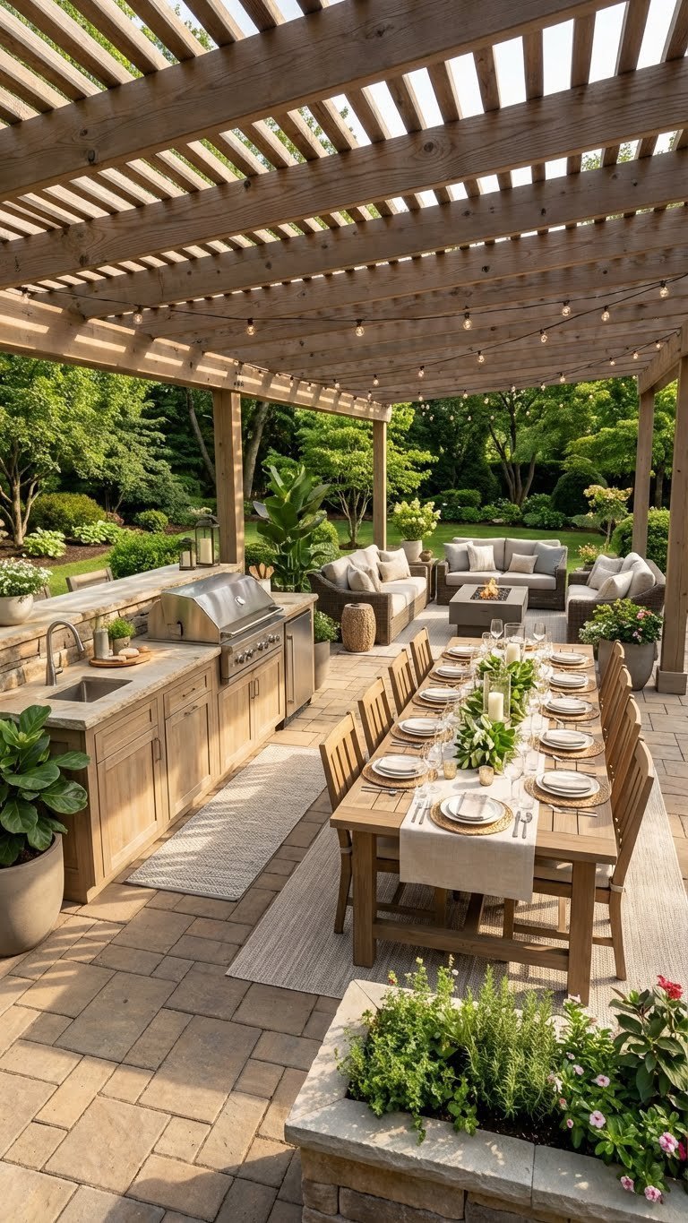 Outdoor Kitchen Villa Design Ideas For Luxury Entertaining 15 Comprehensive outdoor kitchen and dining area under pergola with seating for ten and integrated lounge space.