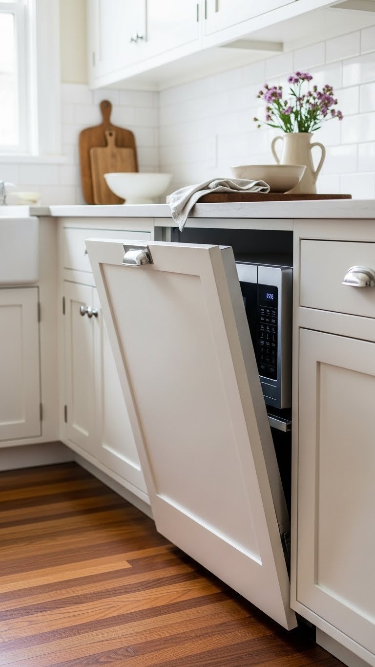 Concealed modern appliances integrated seamlessly with white inset cabinetry in small vintage kitchen