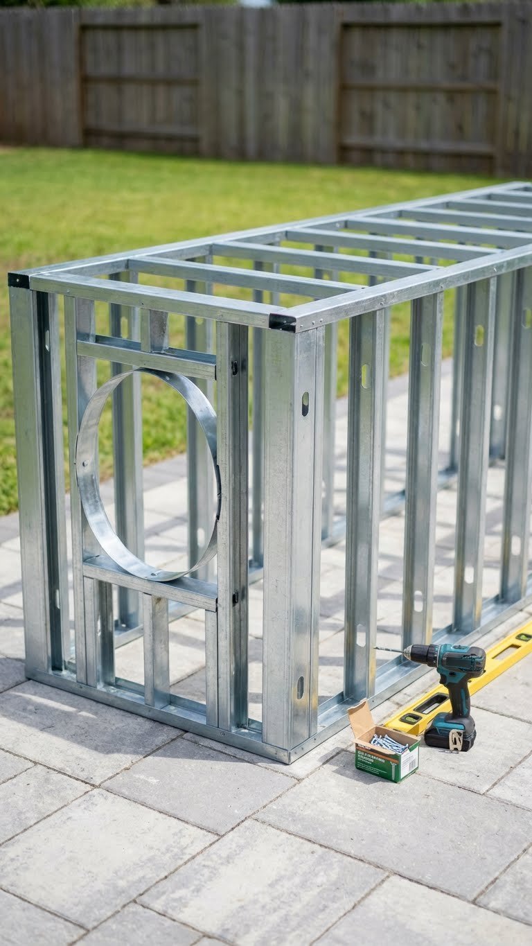 Outdoor Kitchen With Green Egg Design Build Cost Guide 5 Construction phase showing galvanized steel stud frame for outdoor kitchen island with Big Green Egg cutout on concrete patio