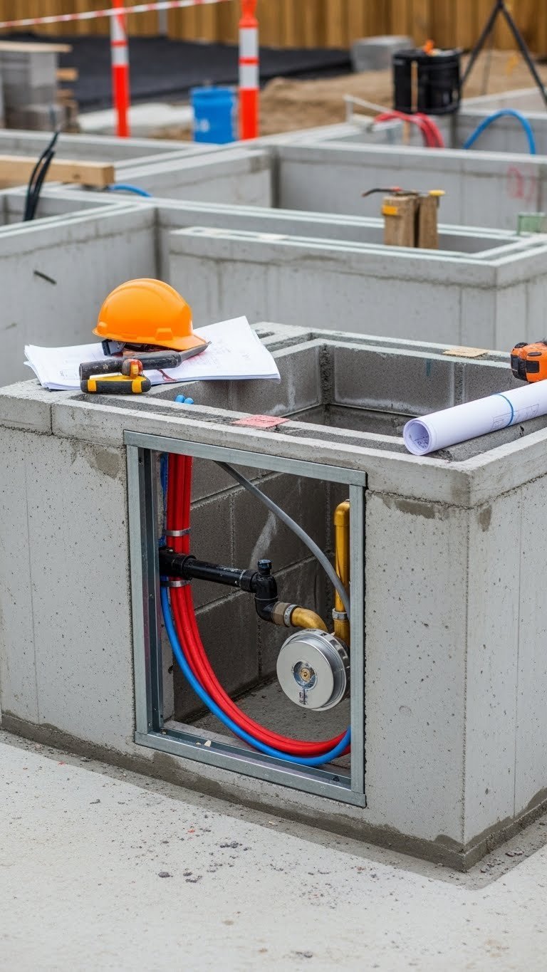 Construction view showing gas lines and electrical wiring in outdoor kitchen island framework with fireplace foundation