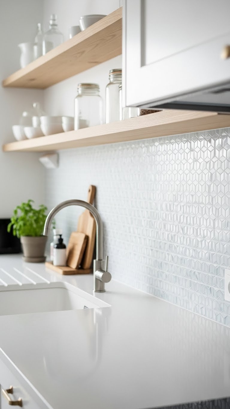 Contemporary Scandinavian kitchen with geometric pattern tile backsplash and minimalist sink area design.