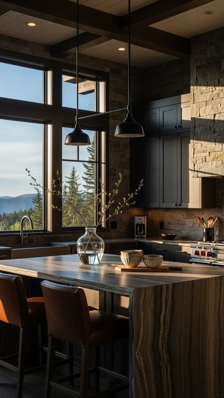 Contemporary cabin kitchen with dark wood cabinets, stone waterfall island, and forest landscape views