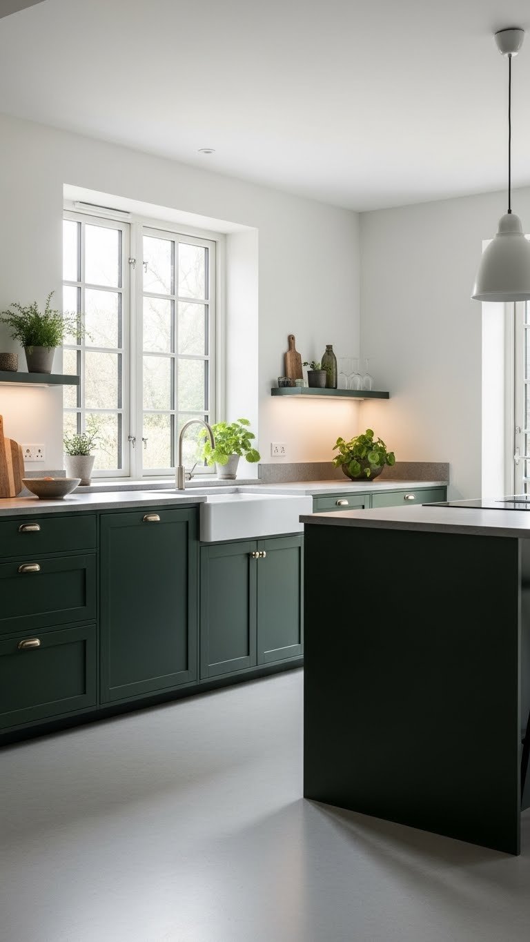 Contemporary dark green Scandinavian kitchen with abundant natural light and minimalist pendant lighting over island
