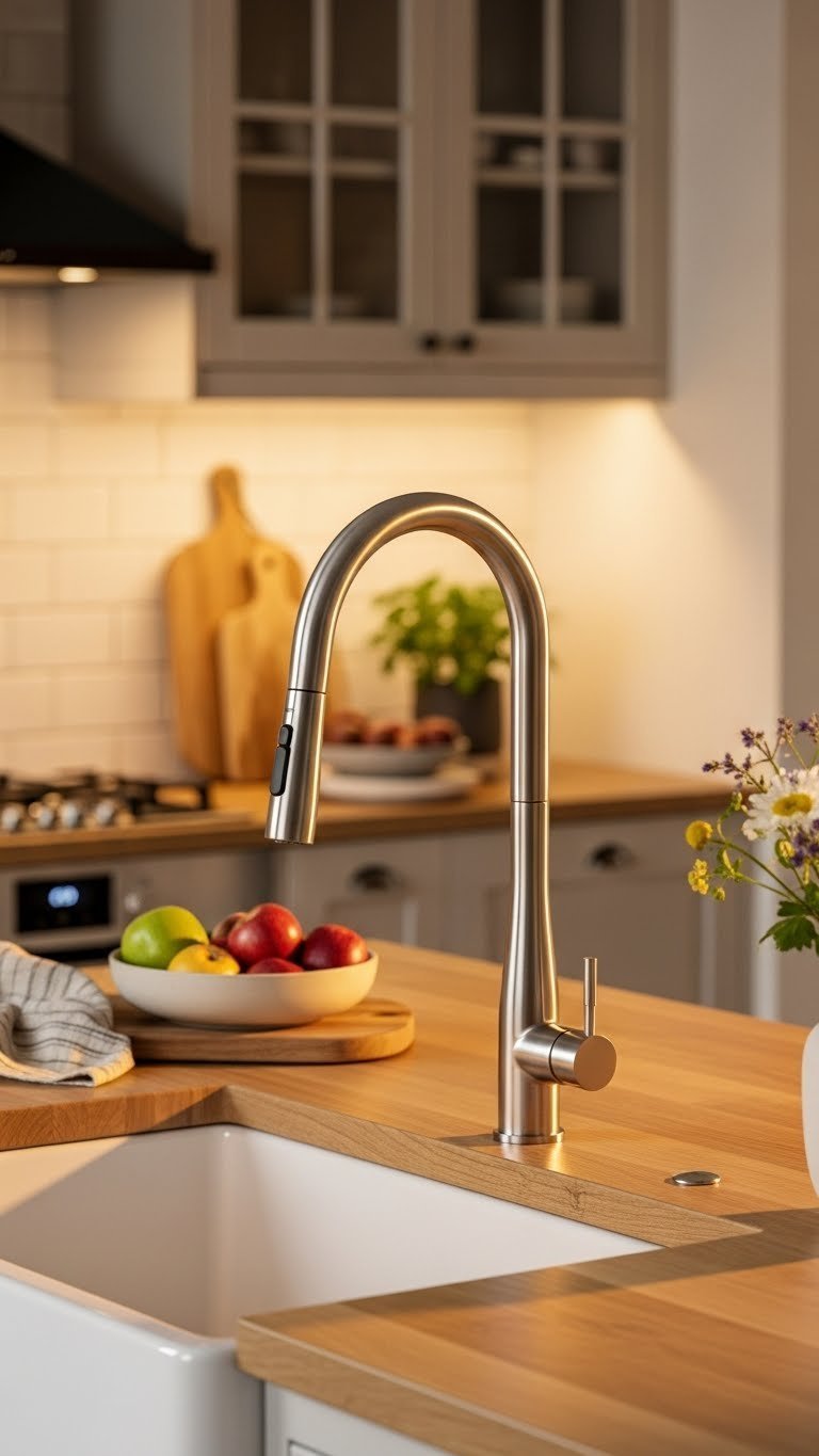 Contemporary high-arc stainless steel kitchen tap over farmhouse sink with warm golden hour lighting and ceramic bowl accents.