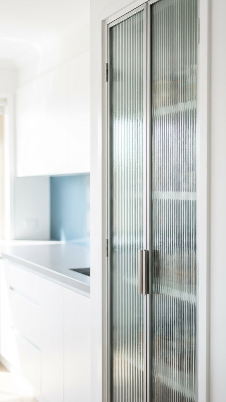 Contemporary kitchen displays a unique reeded textured glass pantry door with sleek silver hardware, enhancing a minimalist aesthetic.