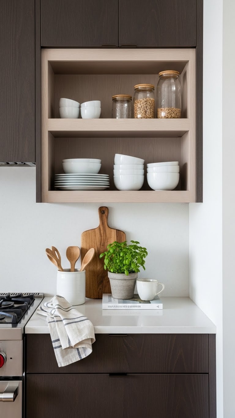 Contemporary kitchen featuring dark wood cabinets complemented by light-colored floating shelves with minimalist white dishware