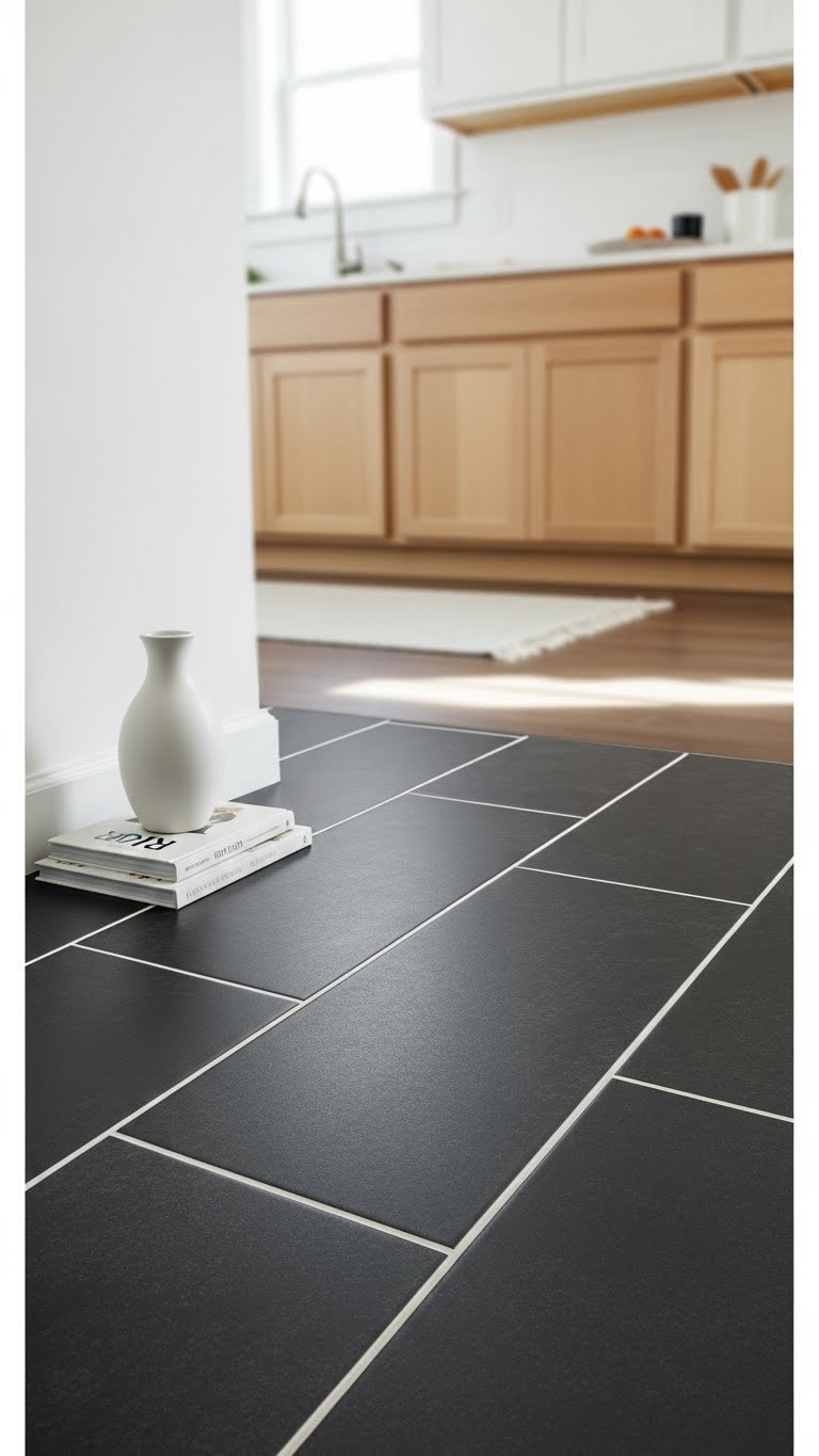 Contemporary kitchen floor with dark grey tiles and contrasting light grout creating structured grid pattern