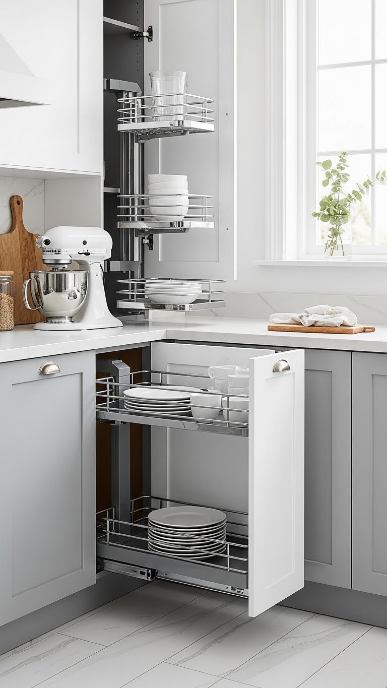 Proven Pull Out Pantry Ideas: Maximize Space In Any Kitchen 7 Contemporary kitchen's extended corner pull-out pantry system, efficiently storing kitchen appliances and serving dishes.
