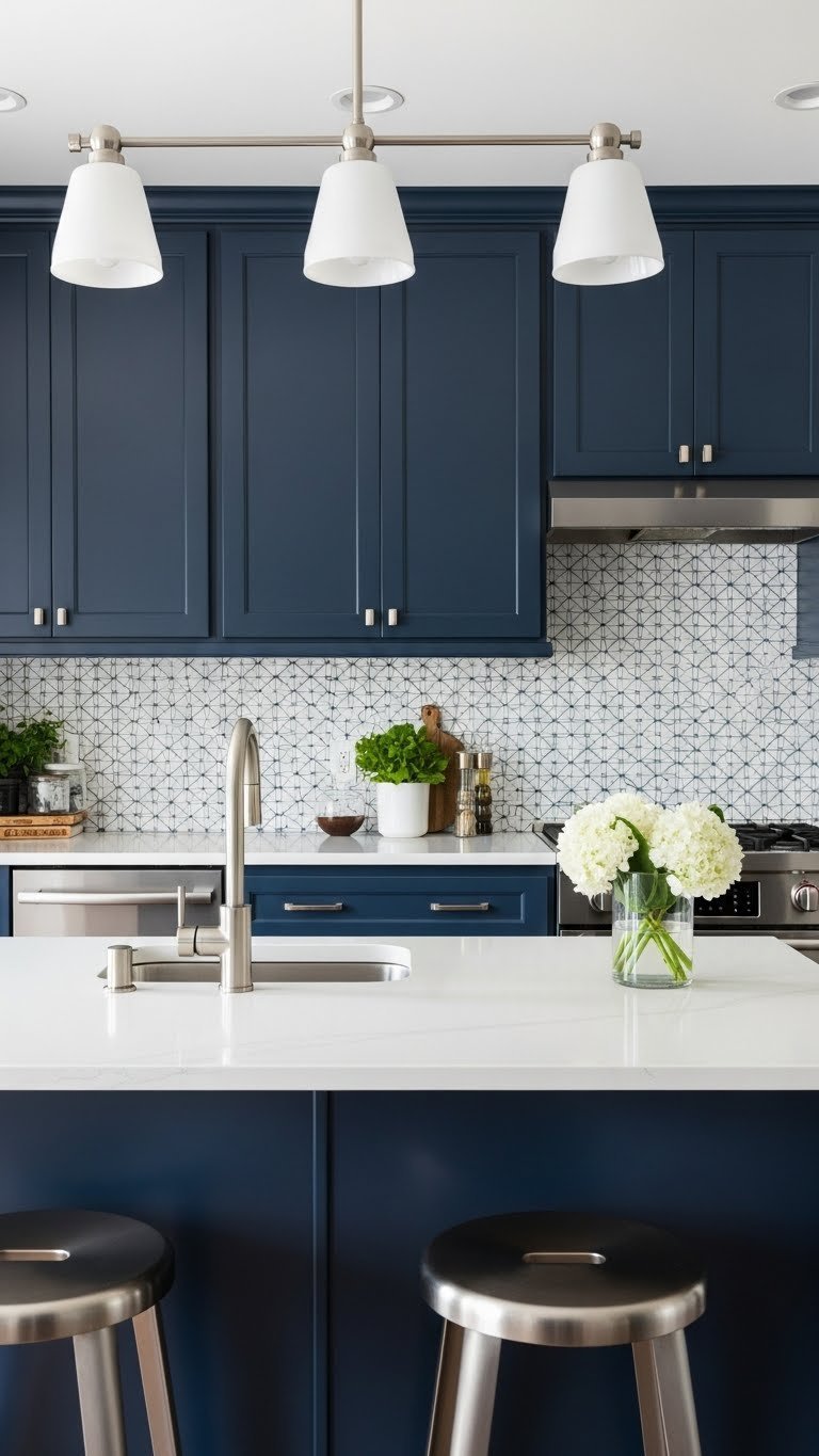 Contemporary navy blue kitchen with geometric tile backsplash, white countertops, and sleek metallic accents.