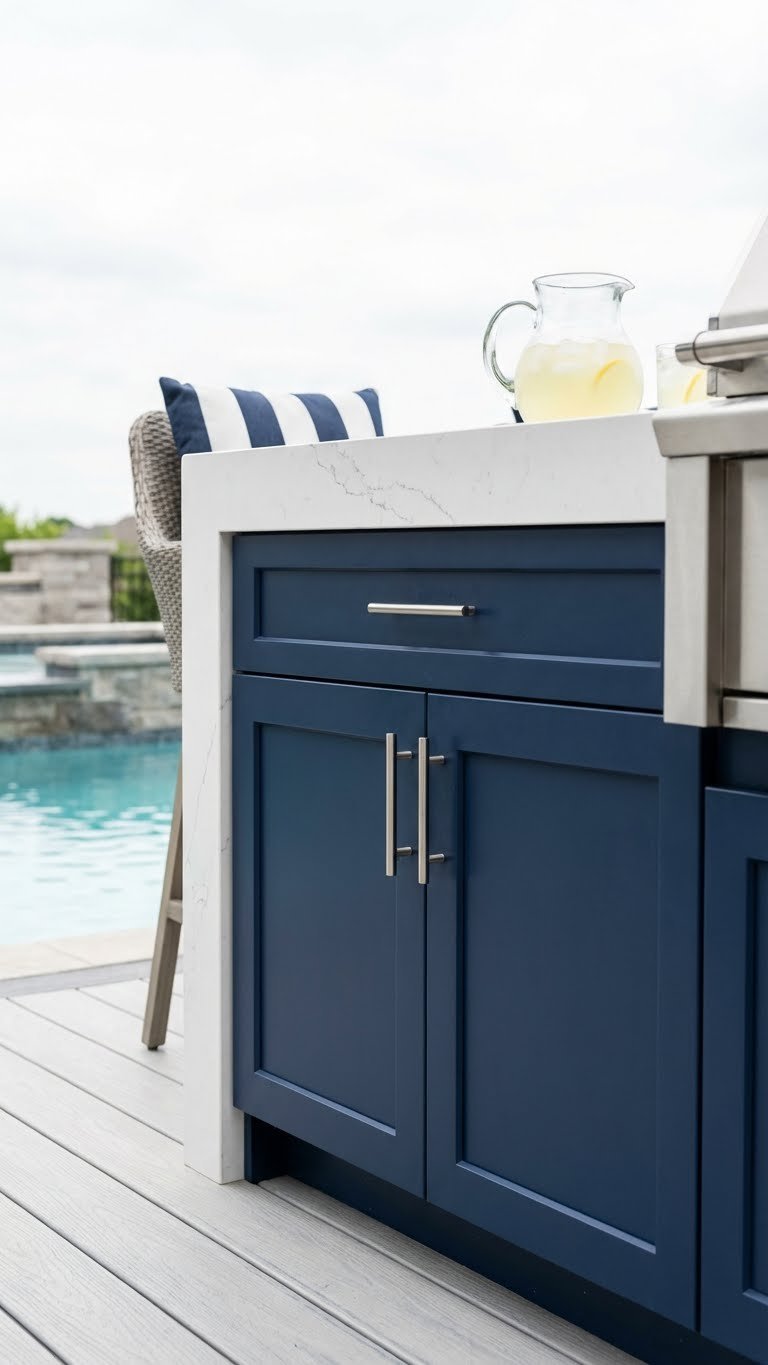 Outdoor Kitchen Cabinets Ideas For Stylish Durable Storage 4 Contemporary navy blue polymer outdoor kitchen cabinets with white quartz countertop on light gray composite deck.