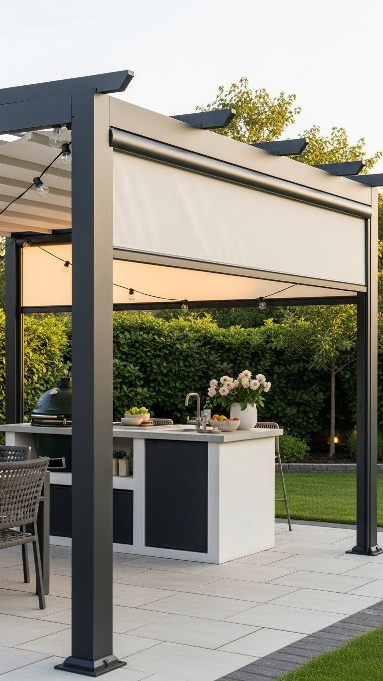 Contemporary outdoor kitchen with ceramic grill under pergola retractable shade on light paver patio with garden and string lights
