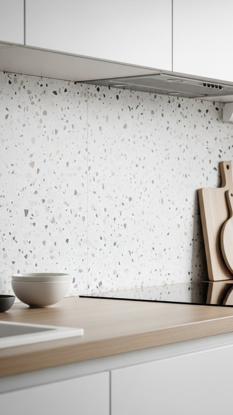 Contemporary scandi kitchen terrazzo tile splashback with speckled texture and minimalist countertop