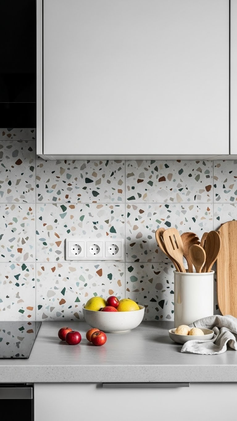 Contemporary terrazzo tile backsplash with muted pastel chips on concrete countertop with ceramic bowl and fresh fruit