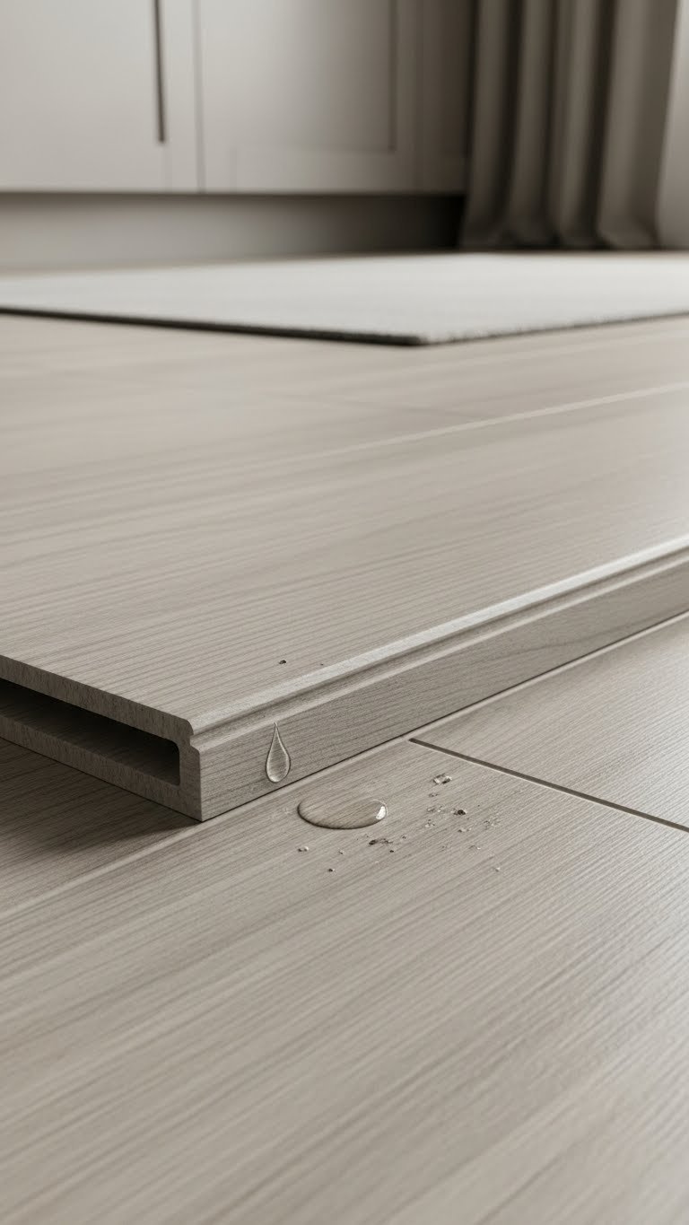 Continuous flooring transitions kitchen to living. Durable, easy-to-clean material. Neutral grays, light browns.