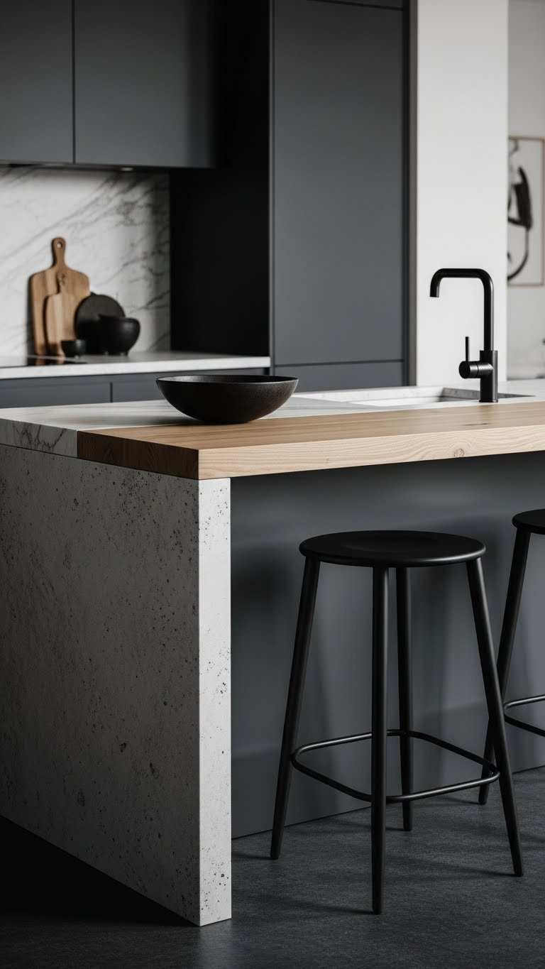 Contrasting Scandinavian kitchen peninsula with concrete base, wood countertop, and dark ceramic bowl