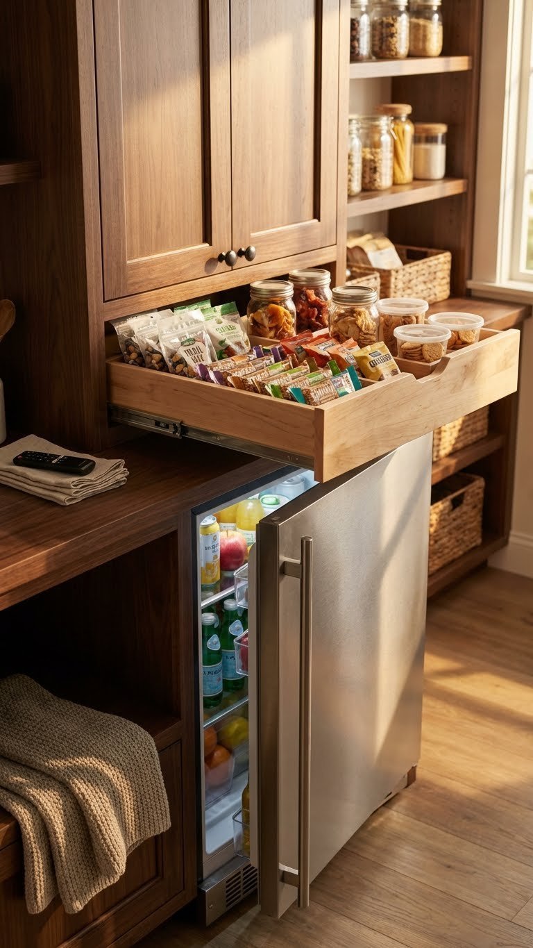 11 Ultimate Kitchen Pantry Beverage Station Ideas Design Your Dream Drink Hub 17 Convenient mini fridge and snack drawer combo in a dark wood kitchen pantry, perfect for grab-and-go refreshments.