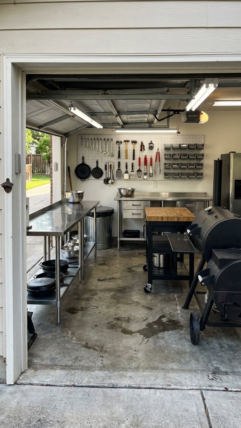 Outdoor Kitchen Enclosed Design Ideas For Year Round Use 17 Converted garage bay outdoor kitchen with industrial stainless steel work tables, large smoker, and tool-pegboard organization