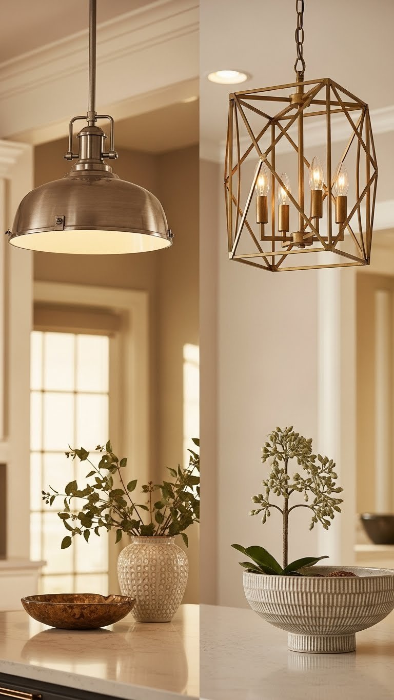 Coordinated mixed lighting: metal pendant over island, geometric glass chandelier in dining, sharing a common brass finish. Modern interior.
