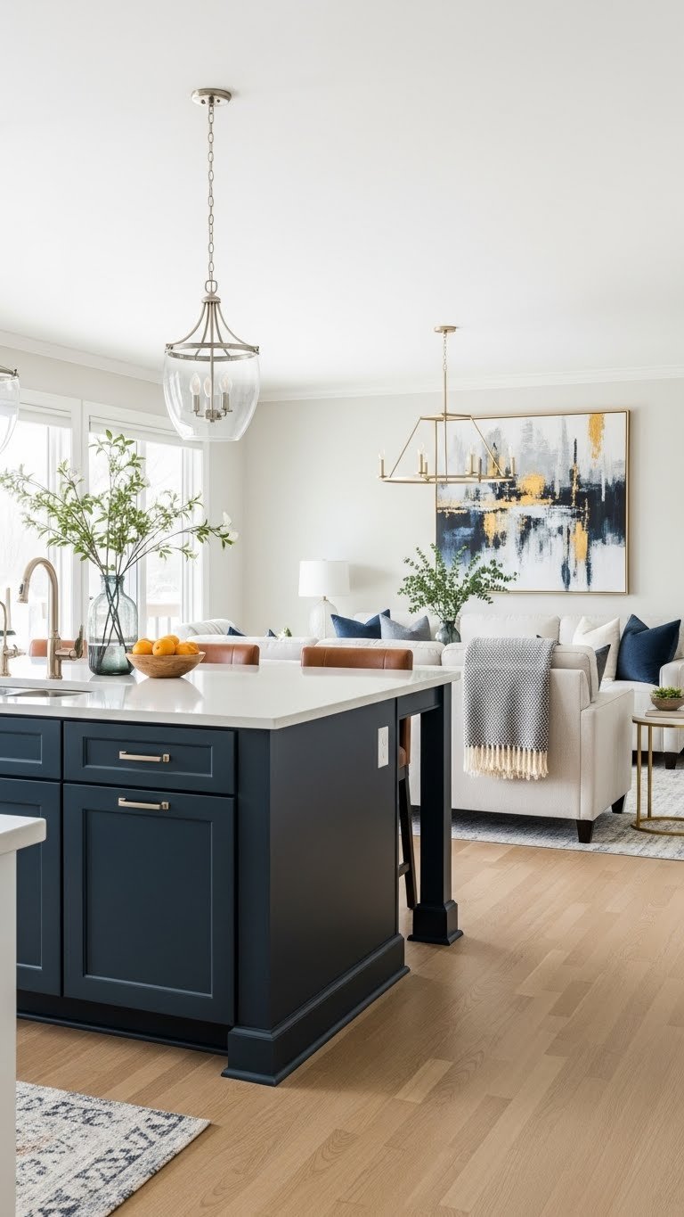 Coordinated open kitchen-living with deep navy island cabinetry, matching accents. Textural harmony of smooth countertop and rough rug.
