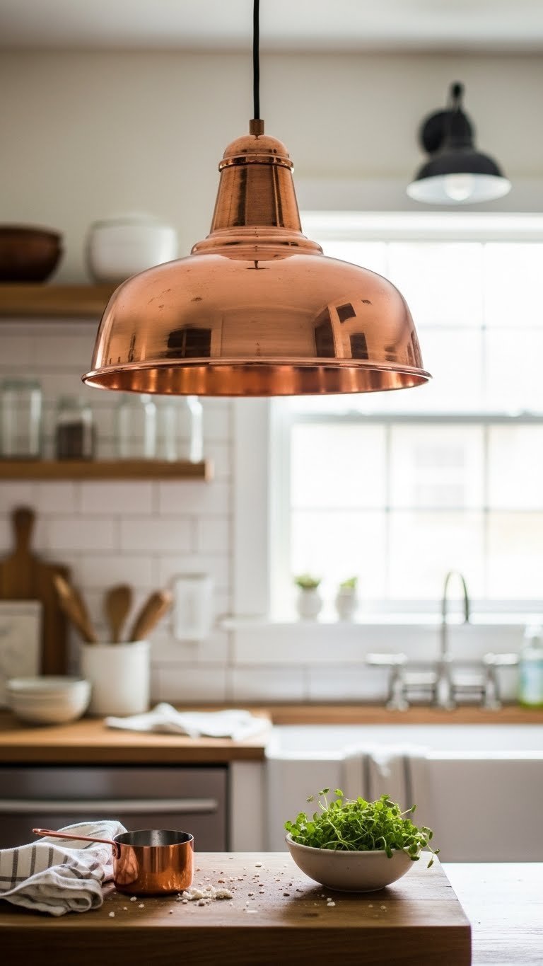 Copper-accented pendant light with polished copper shade hanging above rustic wooden cutting board