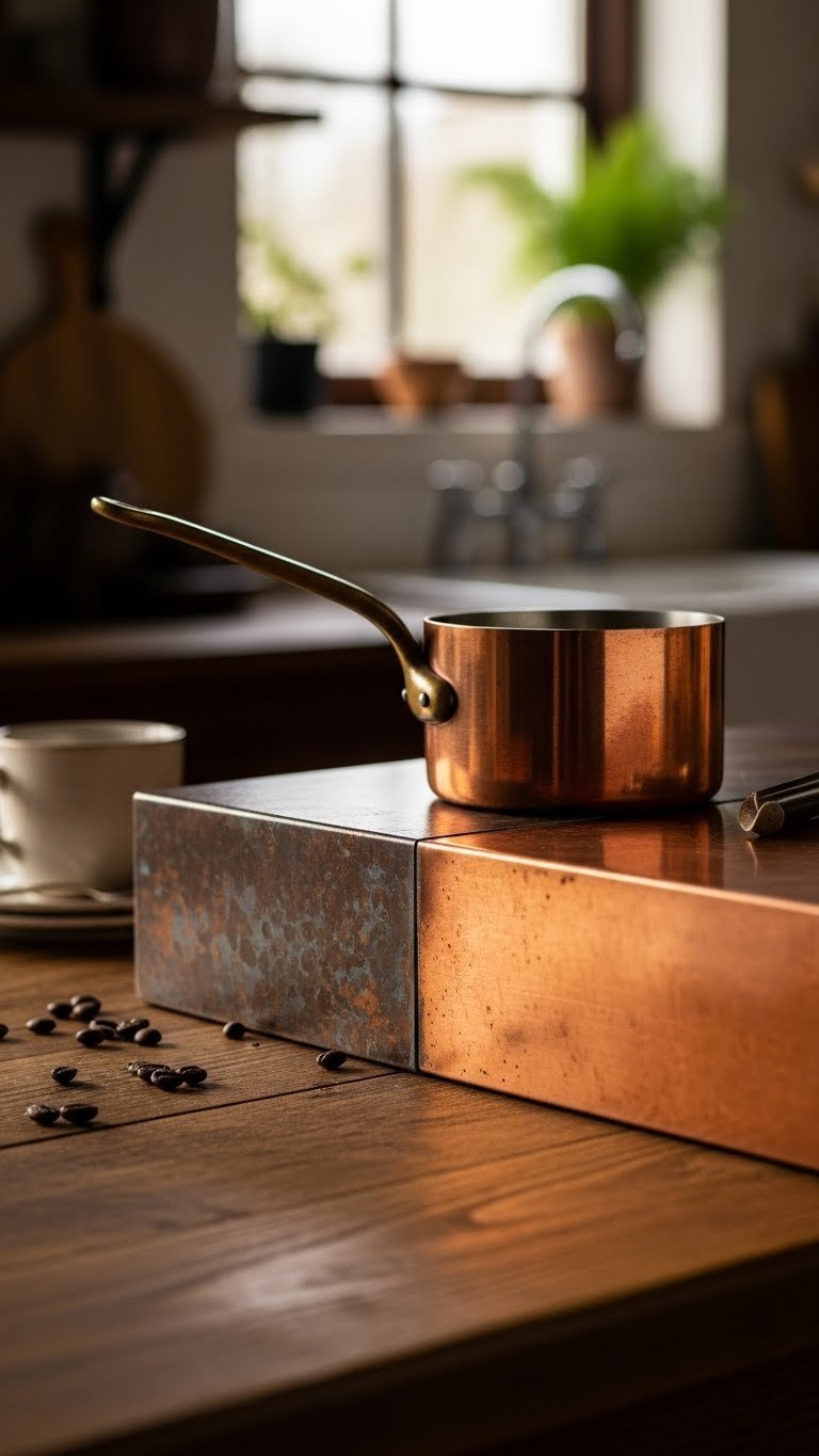 Copper kitchen countertop with developing rustic patina and vintage copper pot in warm golden hour lighting