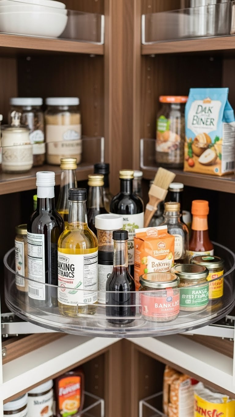 9 Genius Kitchen Pantry Storage Ideas To Organize Everything 17 Corner kitchen pantry cabinet showcasing a fully utilized rotating Lazy Susan with condiments and oils for effortless, accessible organization.