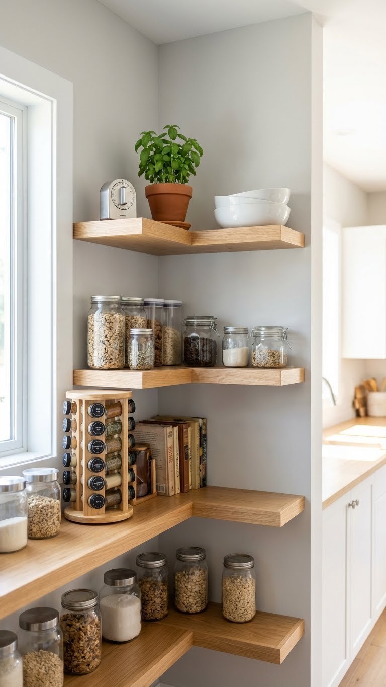 Exposed Kitchen Pantry: 7 Genius Ideas For Organized Style 11 Corner pantry nook with L-shaped wooden shelves, clear containers, spice rack, and cookbooks.