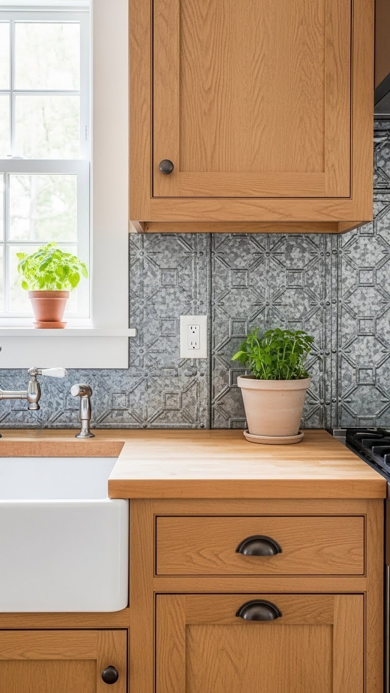 Corrugated tin backsplash in rustic kitchen with weathered finish against butcher block countertop and soft daylight illumination.