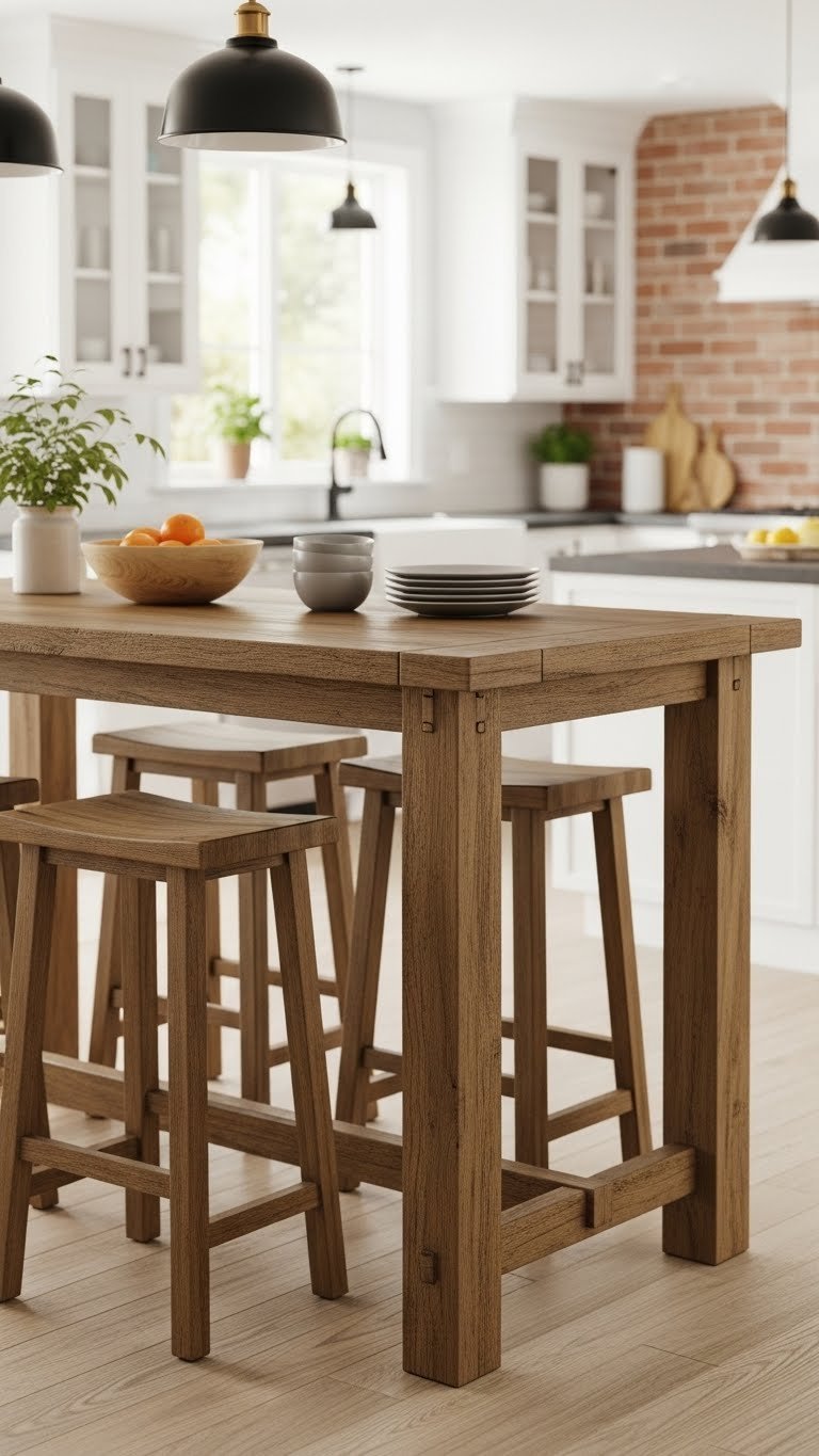 Counter-height rustic kitchen table with bar stools in contemporary farmhouse kitchen near open-plan living area
