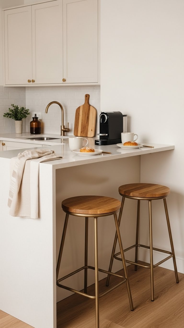 Countertop extension with bar stools for casual dining in modern kitchen, featuring seamless design and minimalist aesthetic