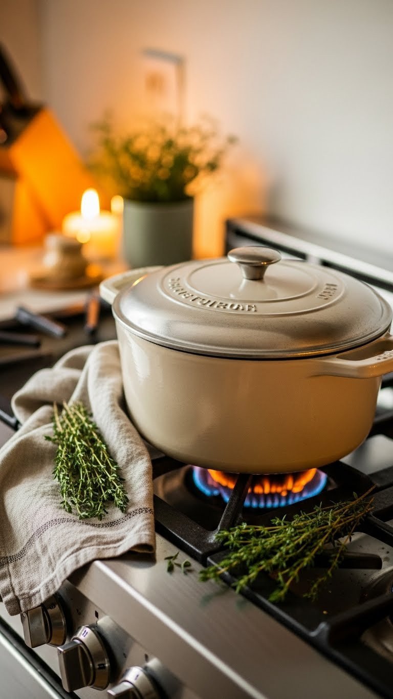 The Failproof Best Beef Stew Recipe For Cozy Dinners 9 Covered Dutch oven simmering on stove with thyme and linen towel