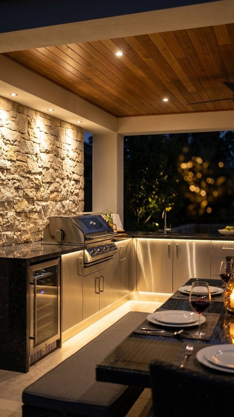 Outdoor Kitchen Extension Ideas That Create Seamless Indoor Outdoor 15 Covered outdoor kitchen at night with integrated LED lighting illuminating countertops and grill area