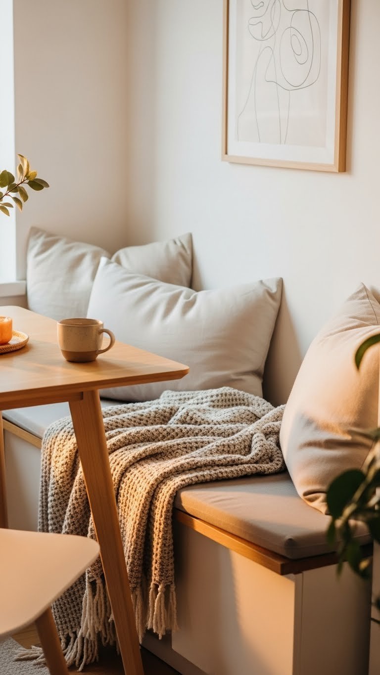 Cozy Scandi dining nook with plush throw blanket and oversized cushions in warm golden hour lighting