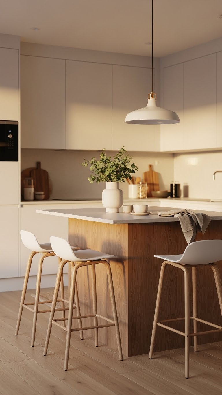 Cozy Scandi kitchen U-shape with breakfast bar featuring minimalist bar stools and fresh greenery on countertop