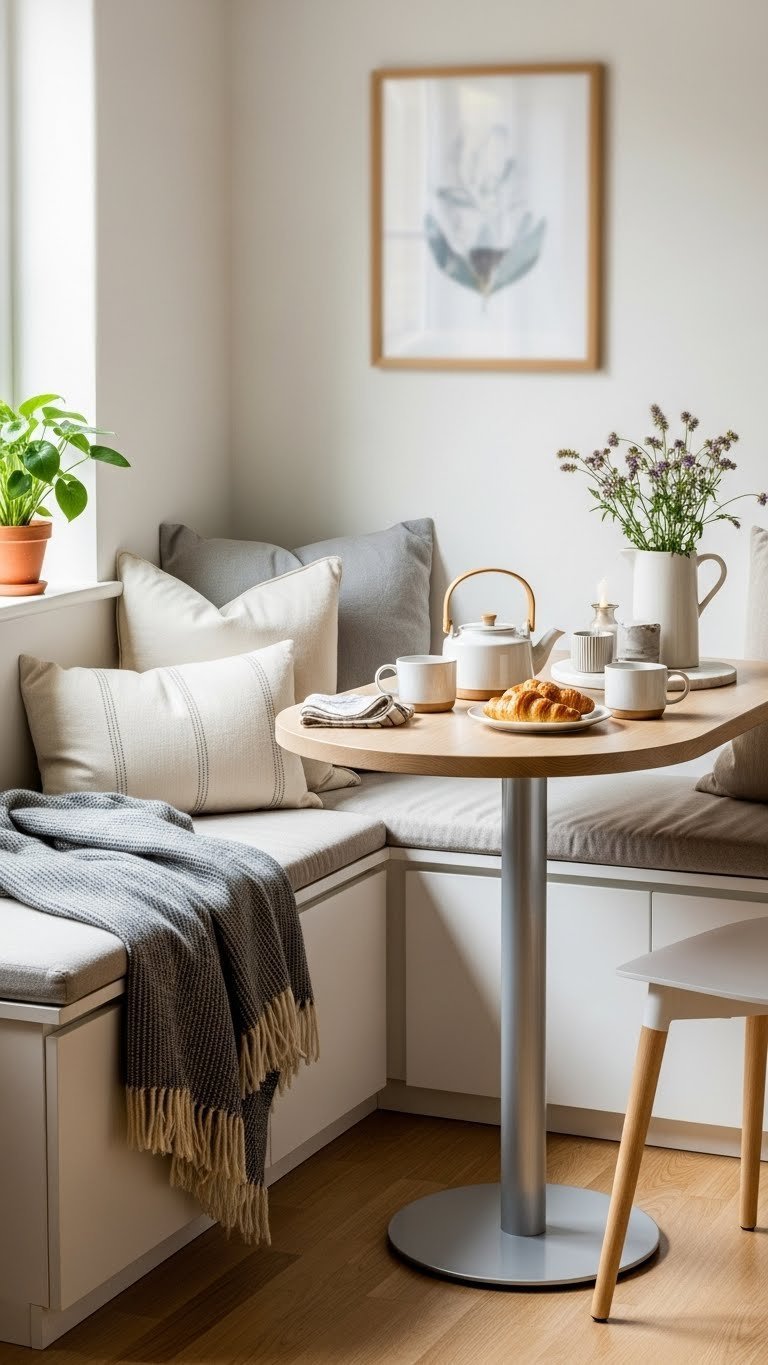 Scandi Kitchen Breakfast Bar: Ultimate Design Guide For Homes 13 Cozy Scandinavian breakfast nook with built-in bench seating and round table in a warm, inviting kitchen corner.