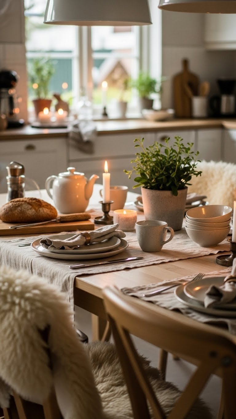 Cozy Scandinavian dining table with linen placemats, lit candles, and sheepskin throw creating hygge atmosphere